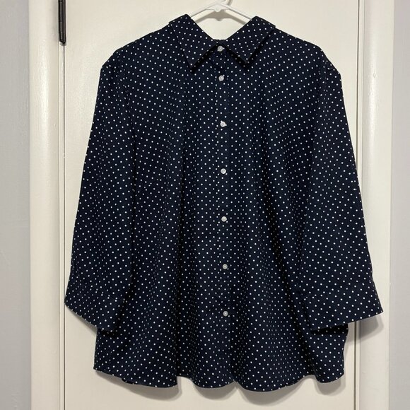 Ralph Lauren CHAPS Women's Plus Navy Polka Dot No Iron Button-Front Shirt Top 3X - Picture 1 of 9